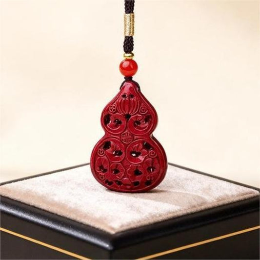 Hollow gourd cinnabar pendant necklace with openwork design, Eastern symbolic jewelry