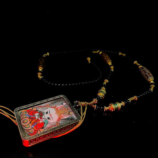 Obsidian and red Dzi bead necklace with Nine-Tailed Fox pendant