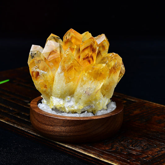 Yellow citrine crystal cluster on walnut base with clear quartz stones