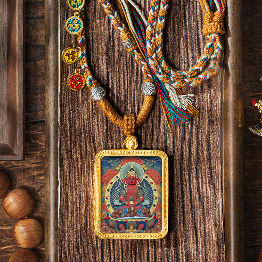 Hand-Painted Thangka Tibetan Pendant – Five Buddhist Deities