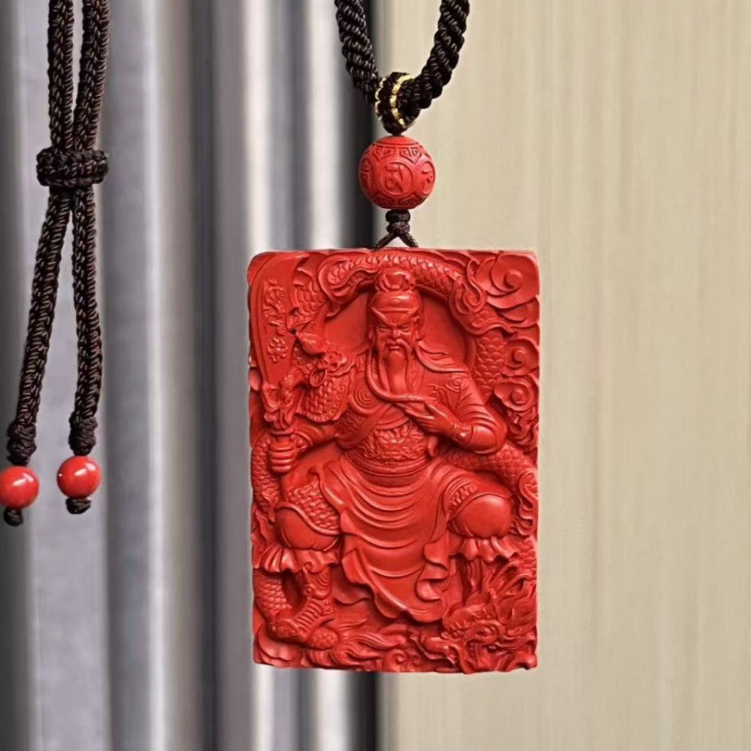 Guanyu Pendant – Cinnabar Wealth & Protection Amulet with Detailed Carving of the Chinese God of War