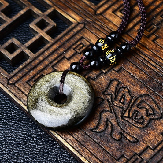 Golden obsidian Pi disc pendant with braided rope and mantra bead
