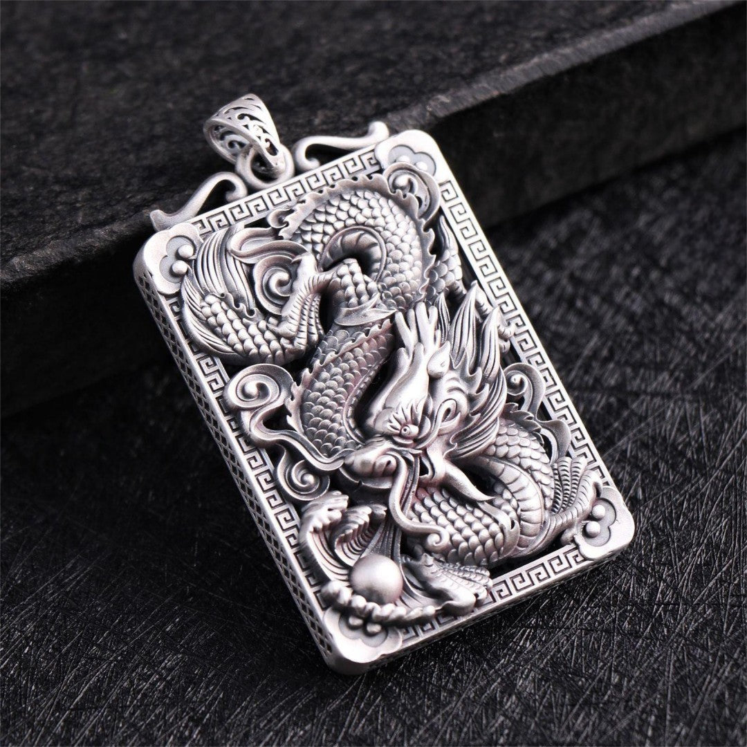 S999 Sterling Silver Chinese Dragon Pendant – Vintage Hollow Carved Feng Shui Talisman Necklace