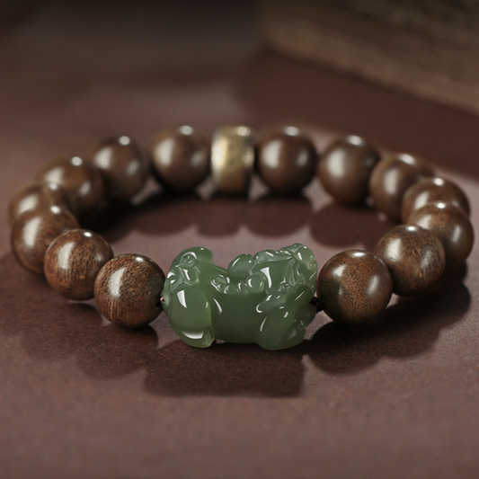 Brunei Agarwood & Hetian Green Jade Pi Xiu Bracelet with Silver Charm – Wealth & Protection