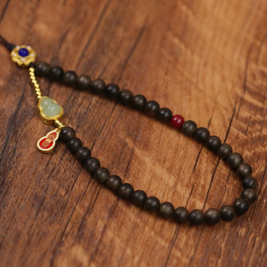 Six Mantra Gourd Prayer Chain - Agarwood & Turquoise for Meditation or Protection