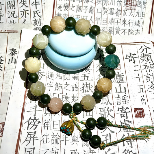 Wealth Lotus Bodhi bracelet with herbal incense bead — Feng Shui inspired jewelry
