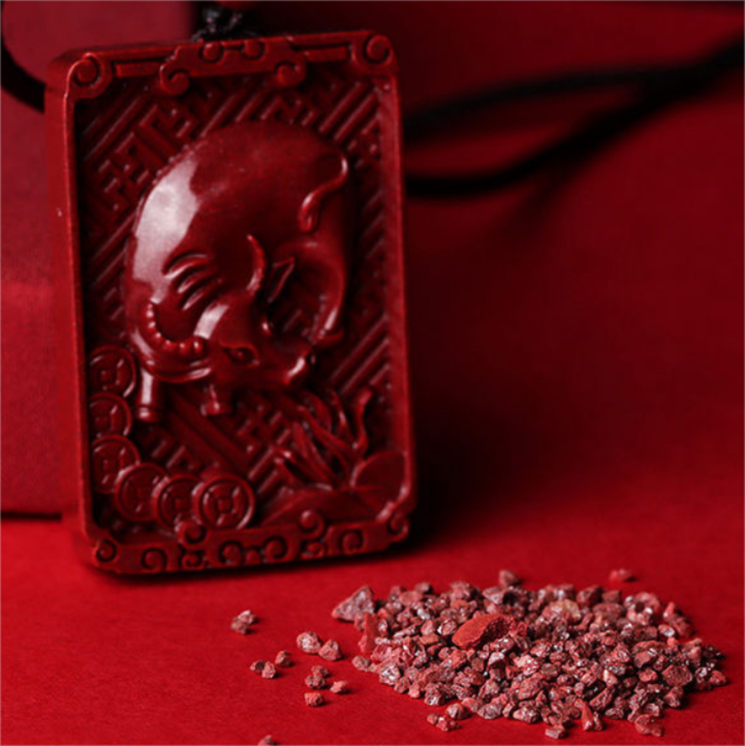 Cinnabar Chinese zodiac pendant necklace with carved zodiac animal and engraved character