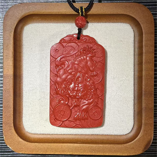 Cinnabar Pixiu and Five-Emperor Coins pendant necklace with engraved auspicious symbols
