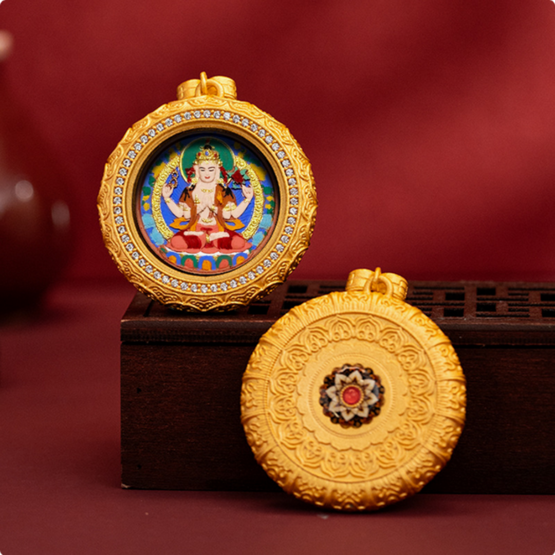 Hand-painted Tibetan Thangka pendant necklace in brass with traditional spiritual motifs