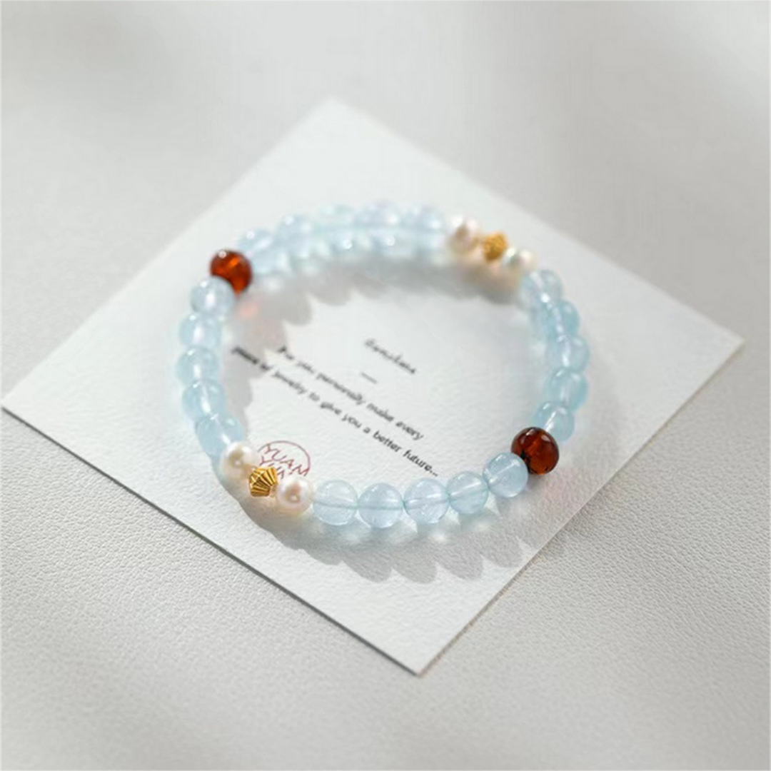 Aquamarine freshwater pearl blood amber Feng Shui bracelet