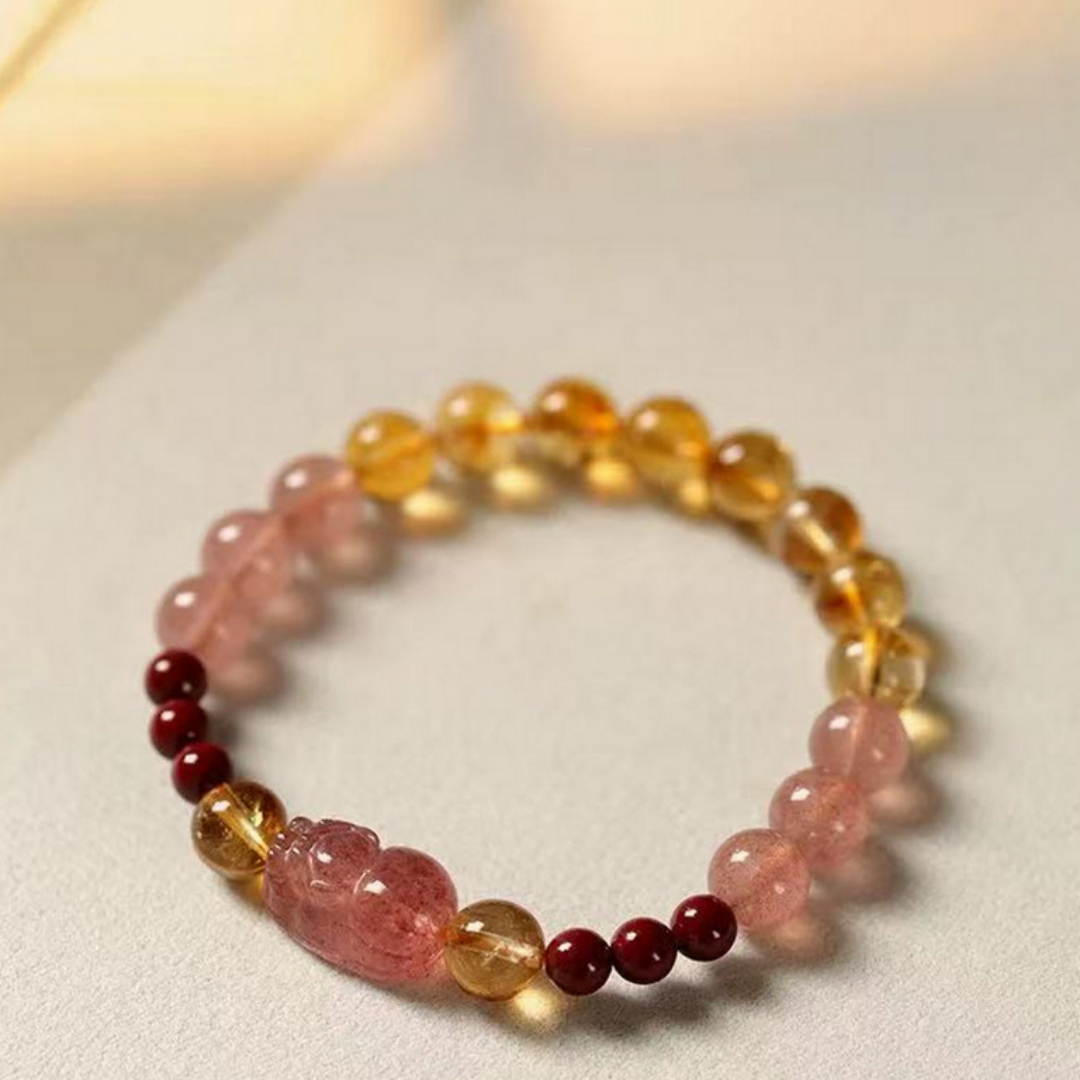 Golden sheen obsidian strawberry quartz pixiu bracelet Feng Shui