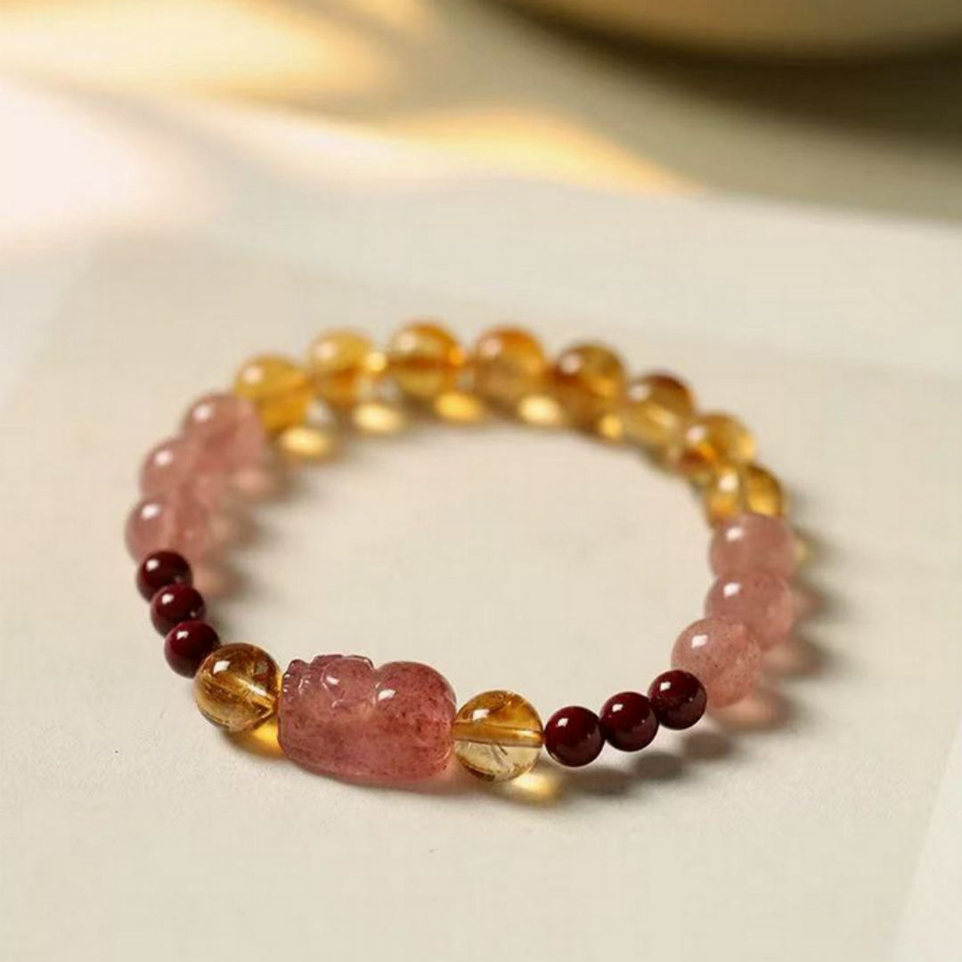 Golden sheen obsidian strawberry quartz pixiu bracelet Feng Shui