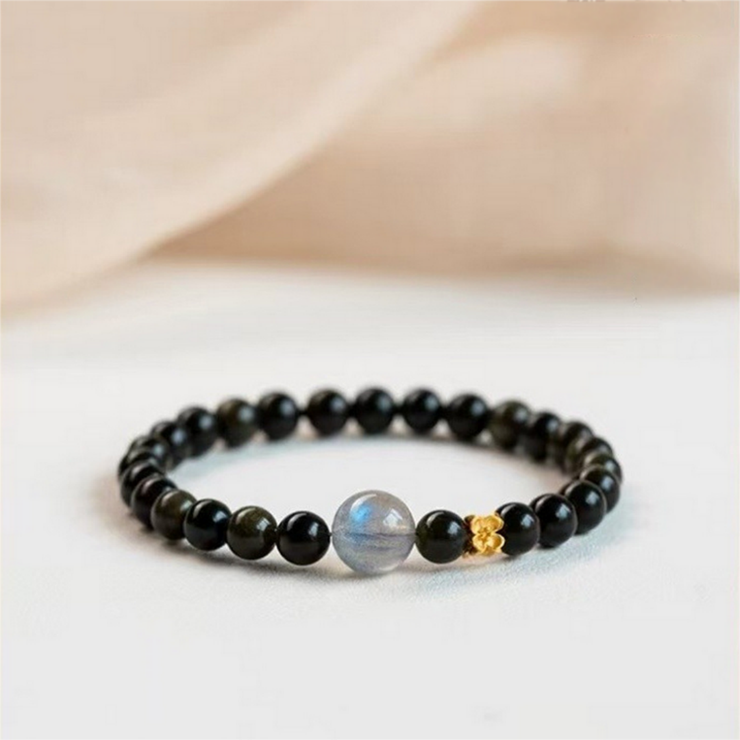 Obsidian grey moonstone four-leaf-clover Feng Shui bracelet