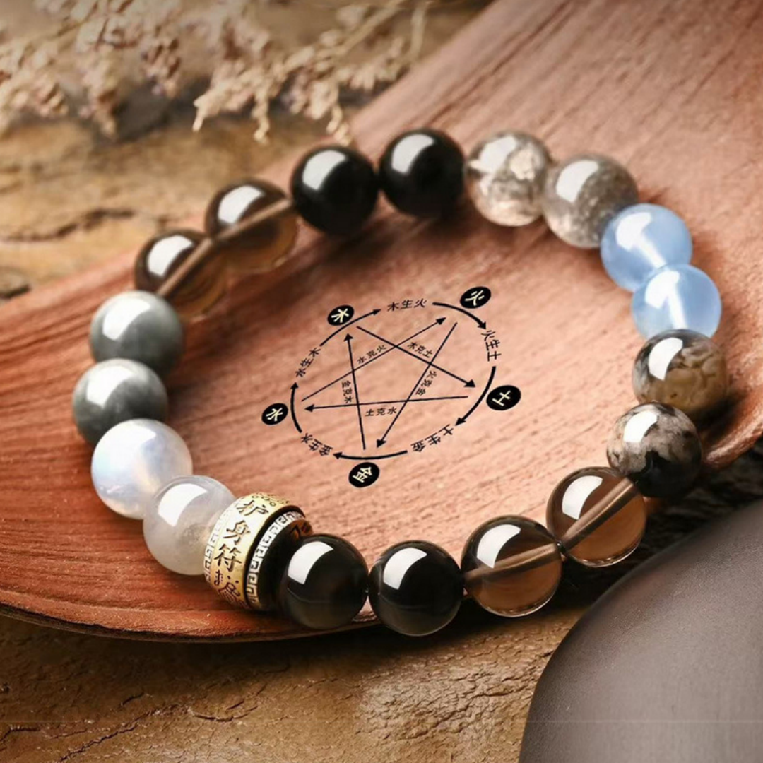 Multi-water element obsidian aquamarine Feng Shui bracelet