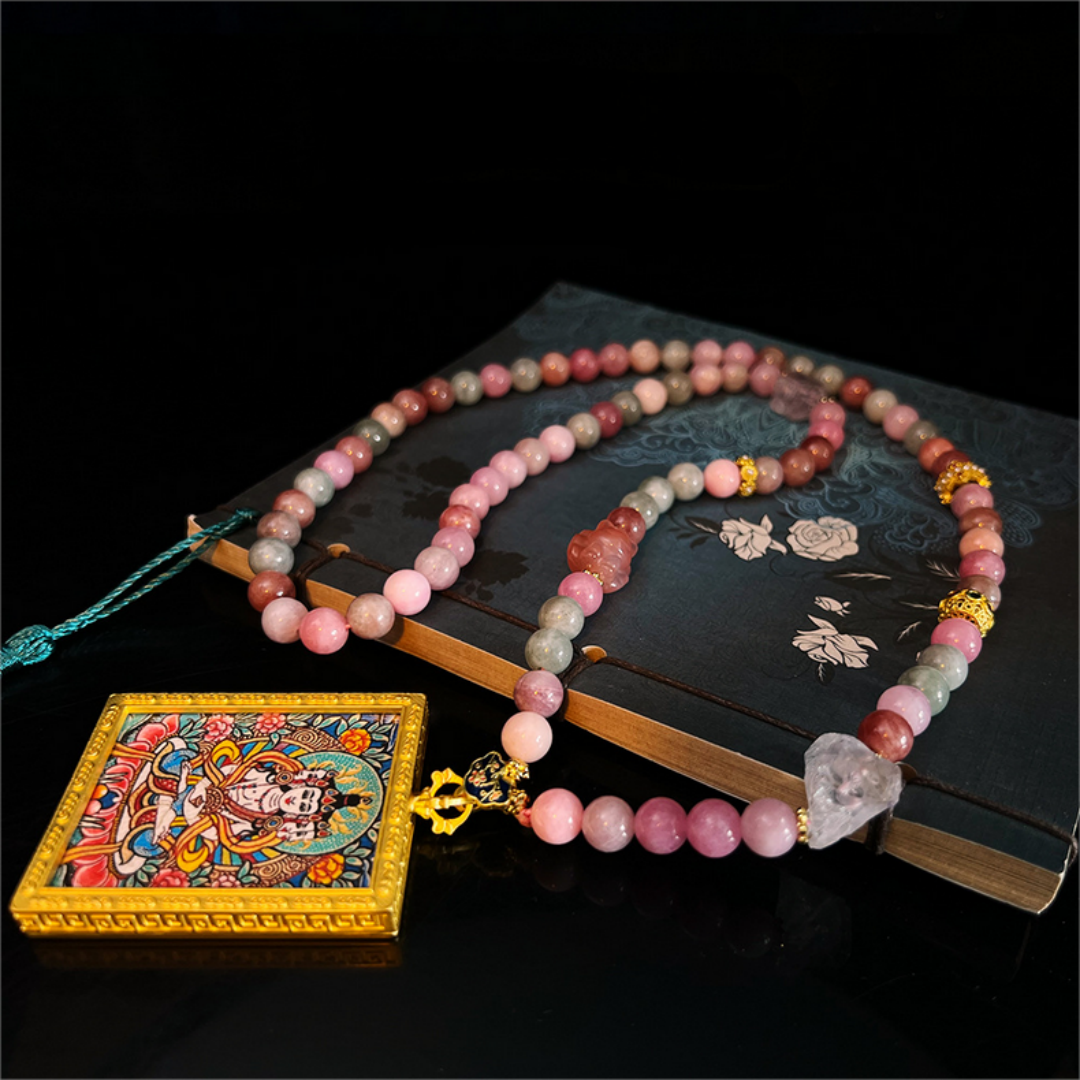 Multicolor bead necklace with Alshan Thangka pendant