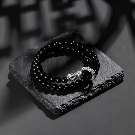 Obsidian double-wrap bracelet with silver Pixiu