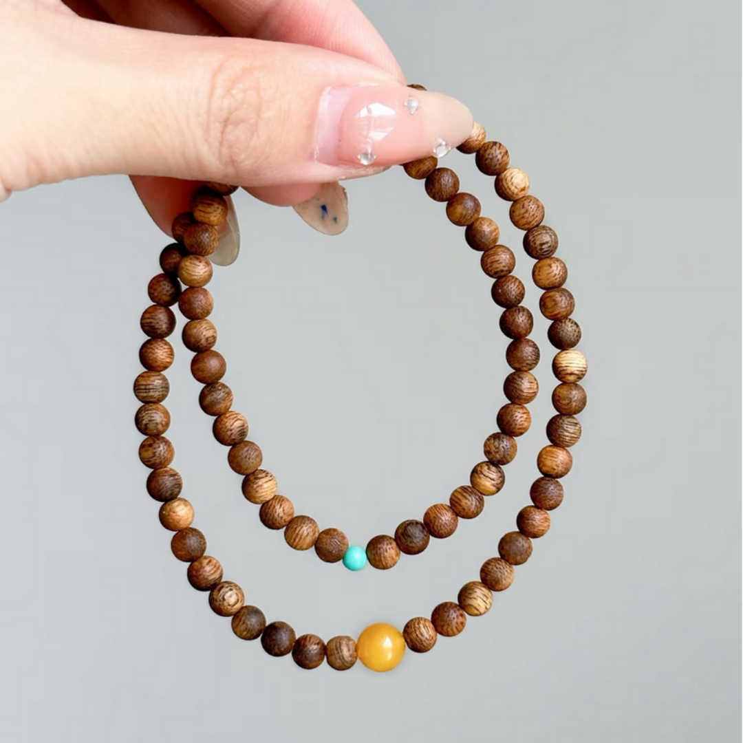 Qi-Nan agarwood bracelet with amber and turquoise accents