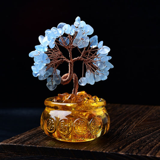 Aquamarine leaf feng shui tree with copper wire and resin gold pot inscribed with wealth symbols