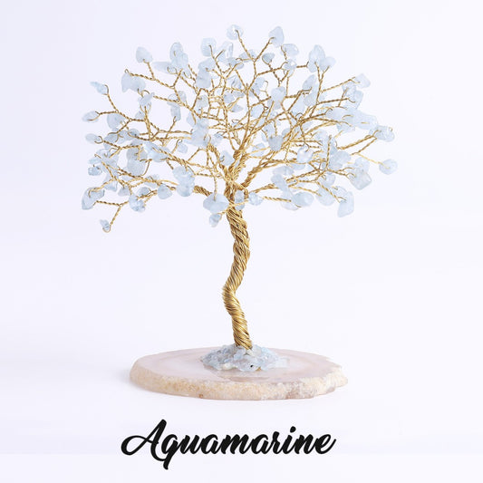 Aquamarine crystal leaf feng shui tree set on banded agate base