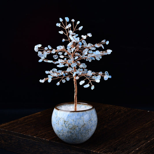 Aquamarine feng shui tree with copper branches in round blue ceramic base