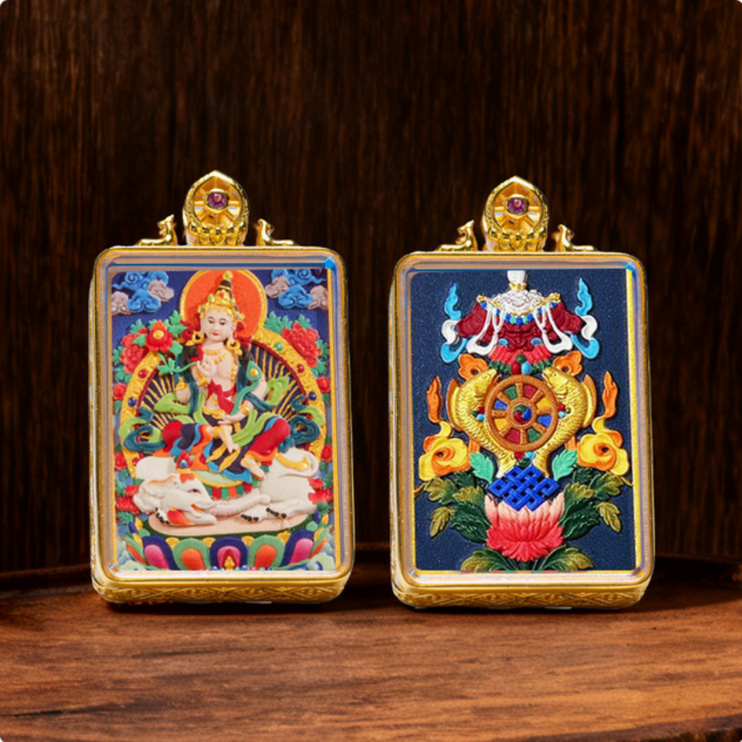 Hand-painted Tibetan thangka brass pendant necklace with Buddhist deity design