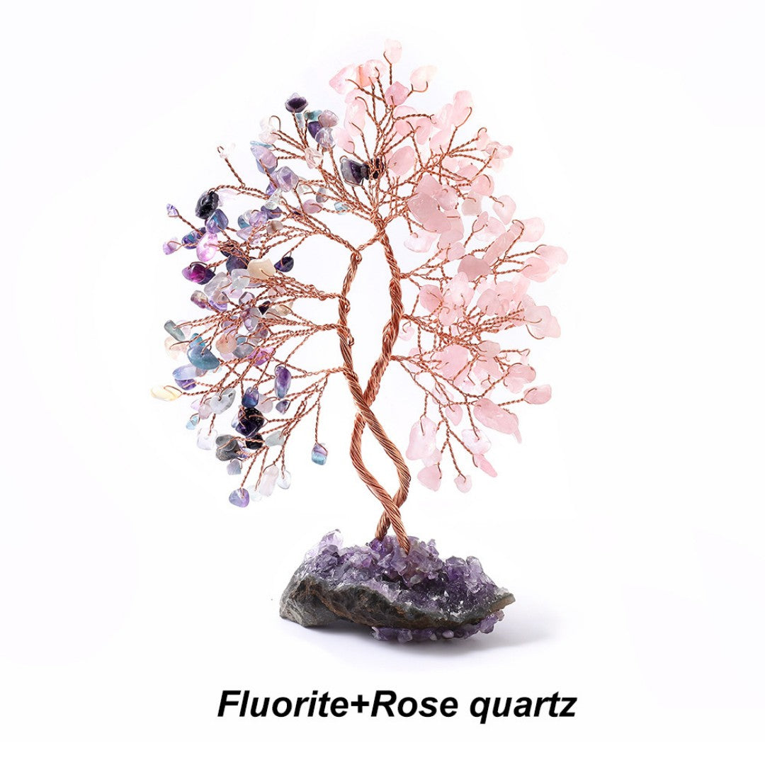 Fluorite and Rose Quartz feng shui crystal tree for emotional clarity and balance, handmade with copper on amethyst base