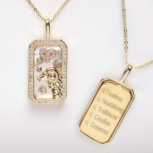 Gold Aries zodiac necklace with ram symbol and 'Fearless' affirmations - Fire element spiritual jewelry