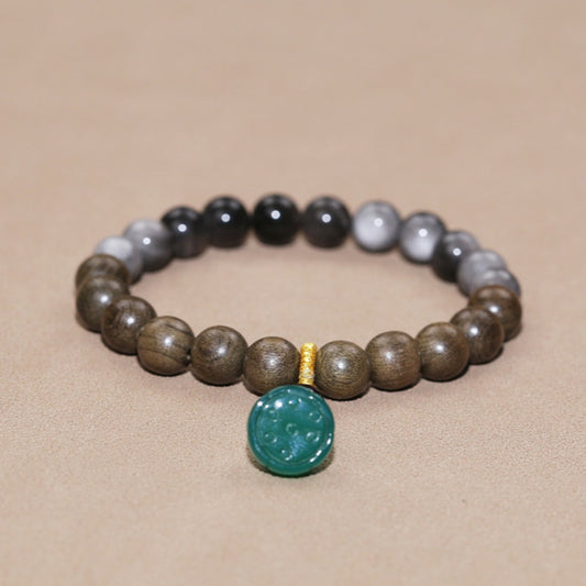 Five Elements Wood Bracelet – Silver Obsidian & Agarwood Feng Shui Jewelry