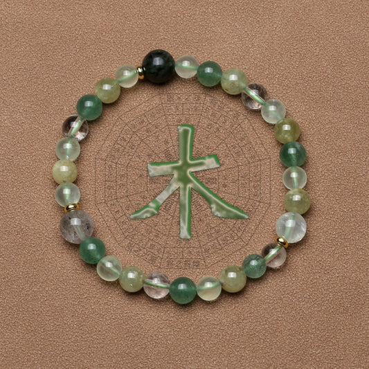 Five Elements Wood Crystal Bracelet – Strawberry Quartz, Prehnite & Green Rutilated Quartz