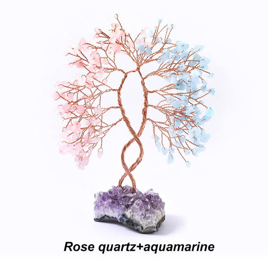 Rose Quartz and Aquamarine feng shui crystal tree for emotional healing and inner peace, copper branches on amethyst cluster