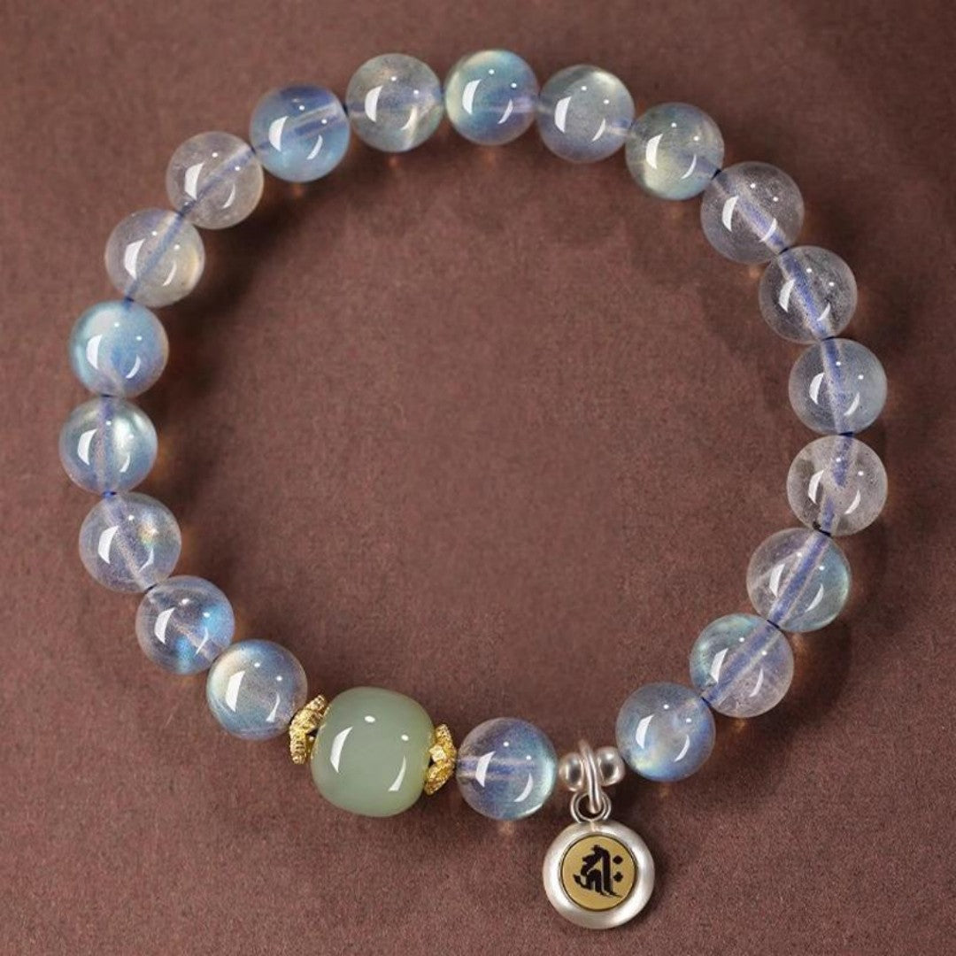 Gray moonstone bracelet Rat zodiac charm Senju Kannon Hetian jade accent