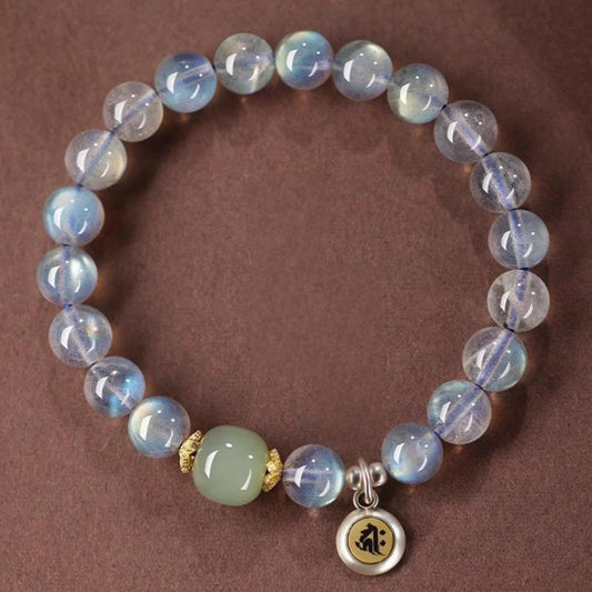 Gray moonstone bracelet Rat zodiac charm Senju Kannon Hetian jade accent