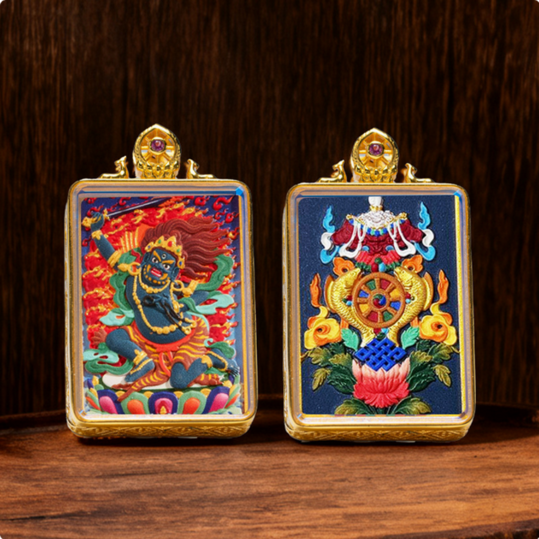 Hand-painted Tibetan thangka brass pendant necklace with Buddhist deity design