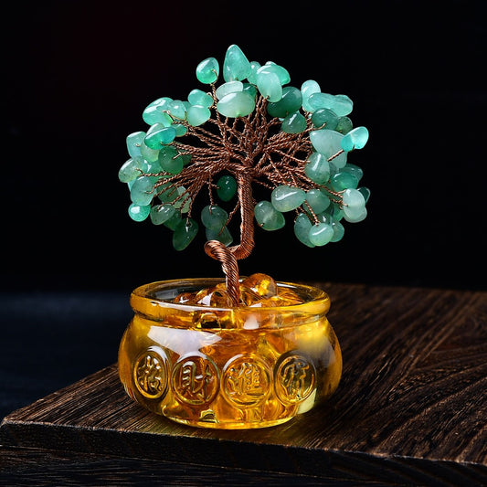 Green aventurine crystal tree with copper branches in golden pot with Chinese fortune symbols