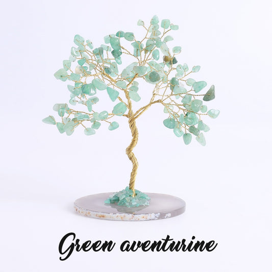 Green aventurine leaf feng shui tree with copper wire branches on sliced agate
