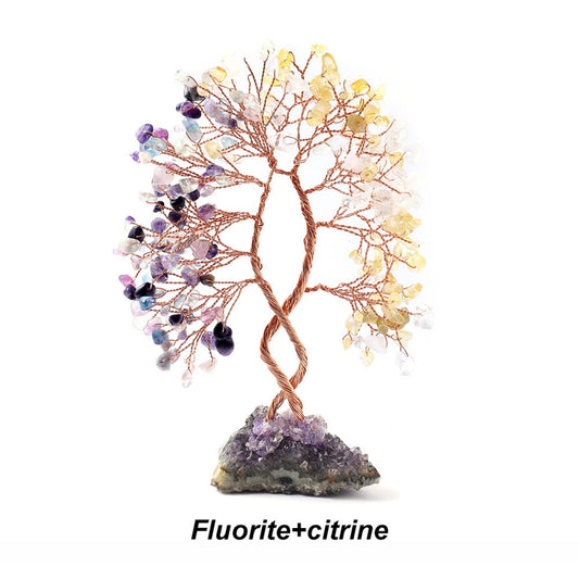 Fluorite Citrine and Clear Quartz crystal feng shui tree for abundance and energy cleansing, copper wired tree on amethyst base