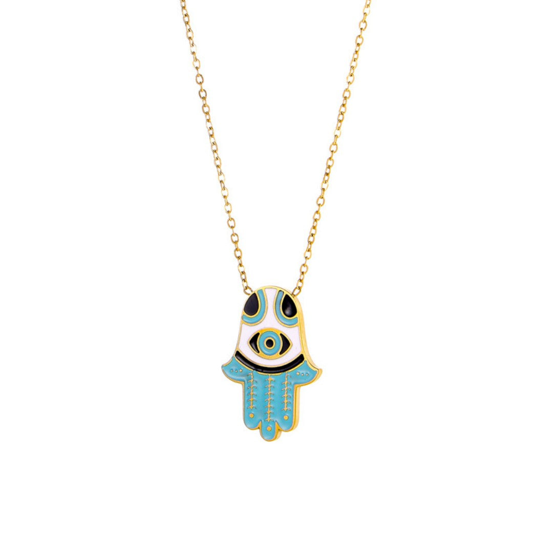 Blue and white enamel Hamsa hand necklace with central evil eye charm