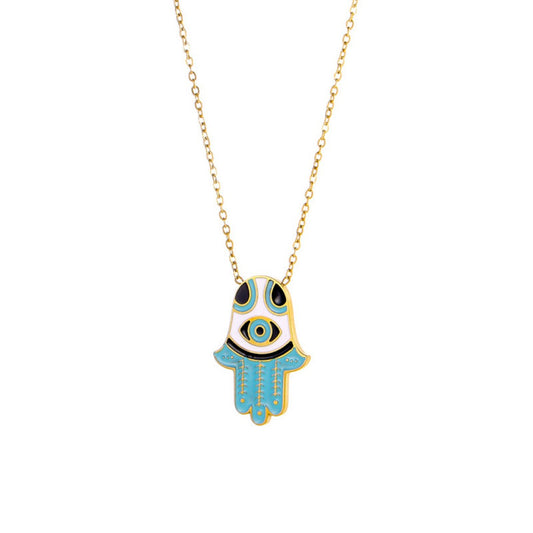 Blue and white enamel Hamsa hand necklace with central evil eye charm
