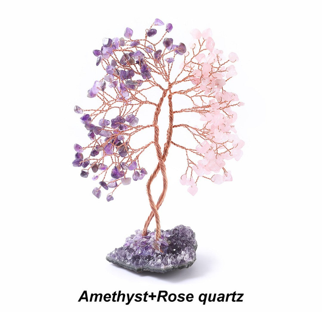 Rose Quartz and Aquamarine feng shui crystal tree for emotional healing and inner peace, copper branches on amethyst cluster