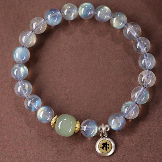 Gray moonstone Horse zodiac bracelet Mahasthamaprapta charm Hetian jade