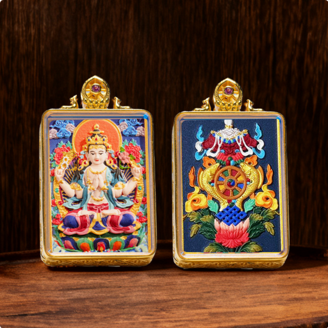 Hand-painted Tibetan thangka brass pendant necklace with Buddhist deity design