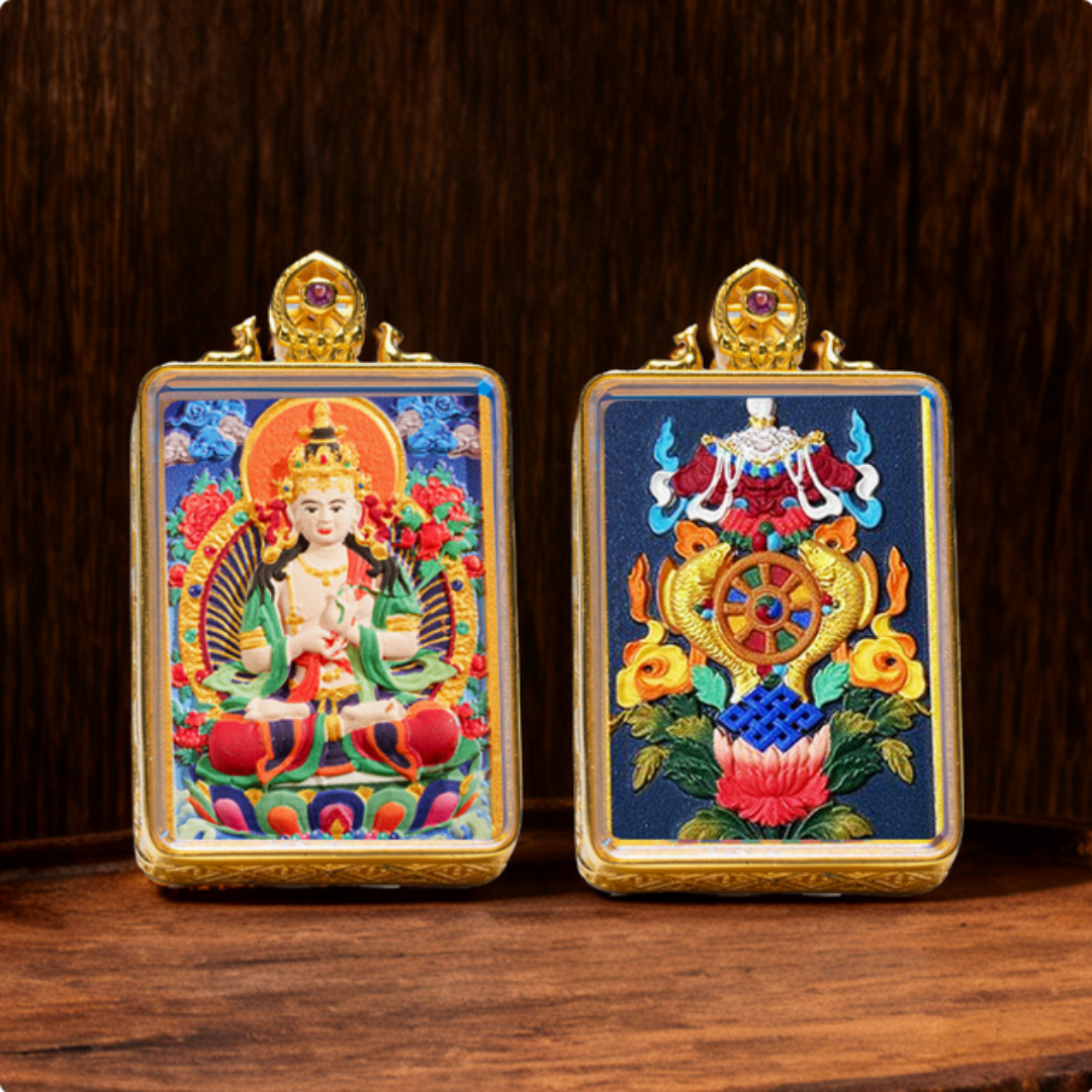 Hand-painted Tibetan thangka brass pendant necklace with Buddhist deity design