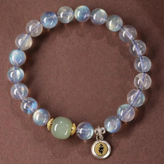 Gray moonstone Rooster zodiac bracelet Acala charm Hetian jade