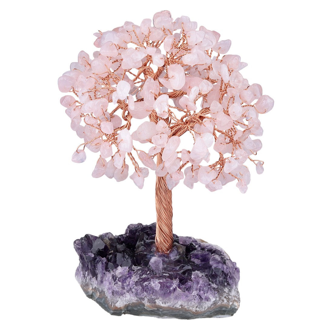 Rose Quartz crystal feng shui tree for emotional soothing and love energy, copper wire branches on amethyst cluster