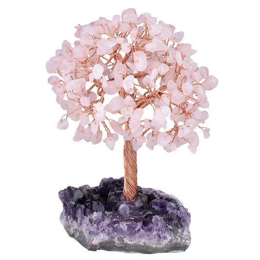 Rose Quartz crystal feng shui tree for emotional soothing and love energy, copper wire branches on amethyst cluster