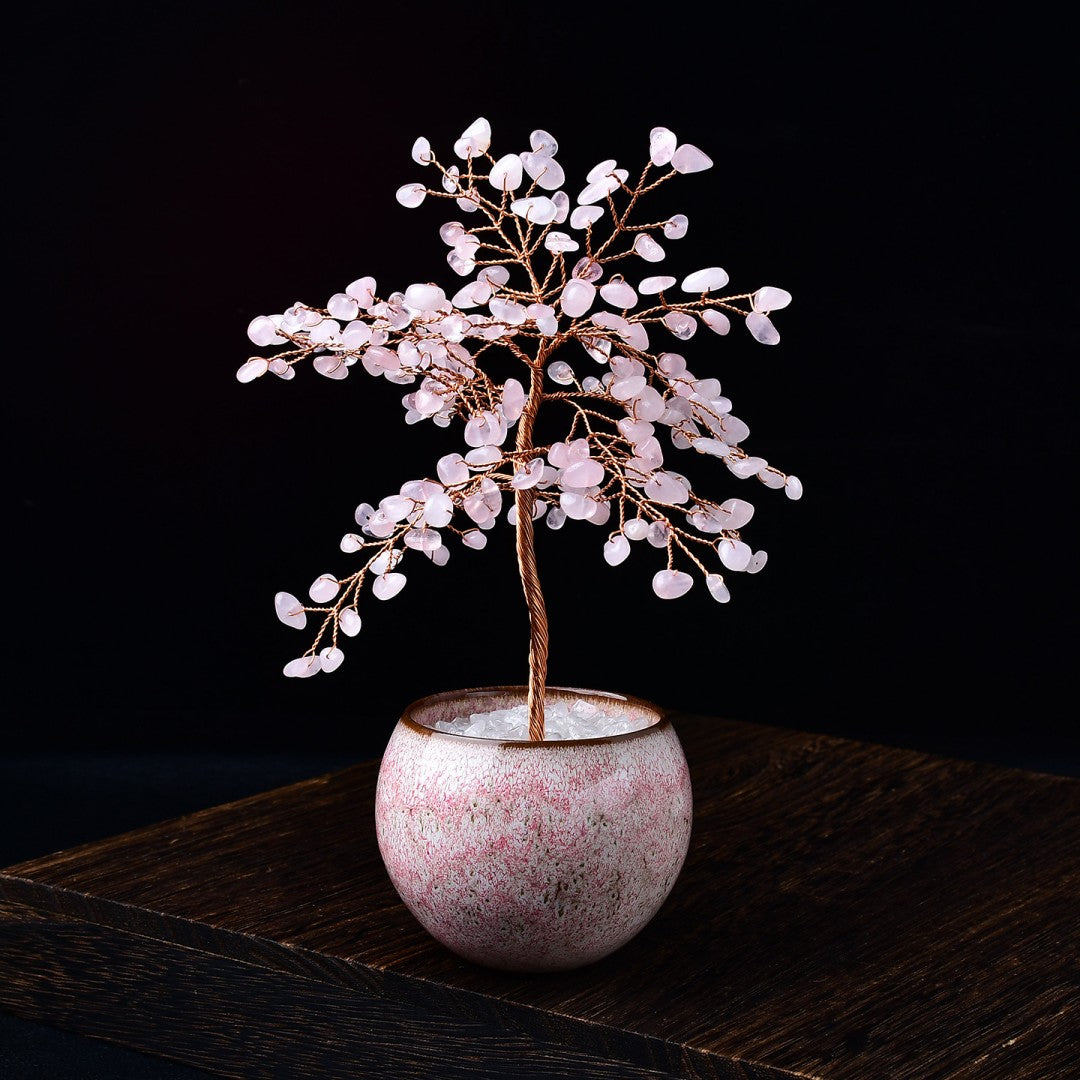 Rose quartz crystal tree with pink bowl base and white quartz grounding chips