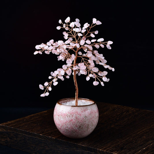 Rose quartz crystal tree with pink bowl base and white quartz grounding chips