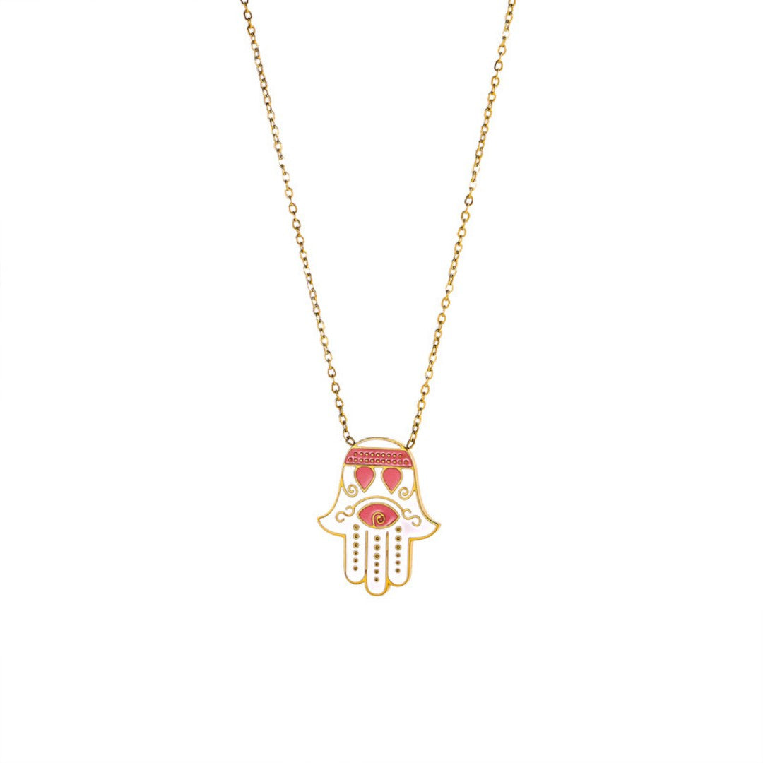 Pink and white enamel Hamsa hand necklace with evil eye charm