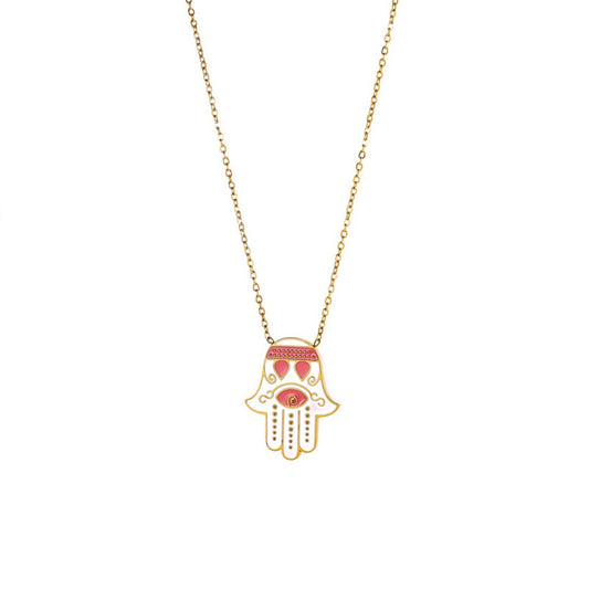 Pink and white enamel Hamsa hand necklace with evil eye charm
