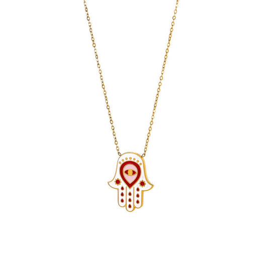 Multicolor enamel Hamsa hand necklace red white pink yellow with evil eye